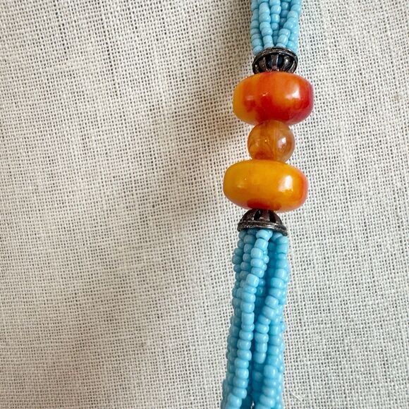 Chunky Boho Southwest Necklace Turquoise Seed Beads Faux Coral Large Pendant - Picture 7 of 10